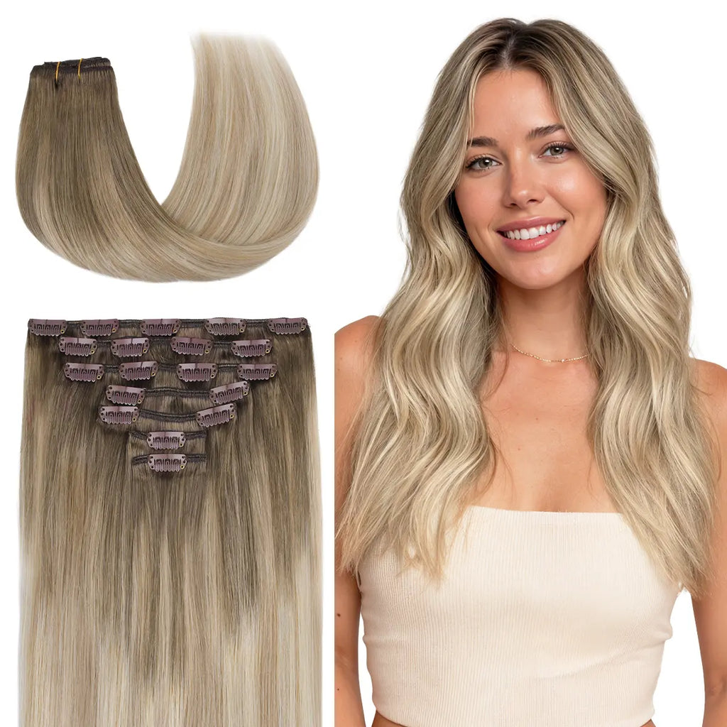 GOO GOO Hair Extensions Clip in Human Hair Natural Straight Remy Hair Easy To Style Soft Clip ins for Women