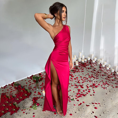 2025 European and American Amazon Summer New Design Sense Elegant Sexy Slim Fit Asymmetrical Shoulder Slit Satin Dress for Women