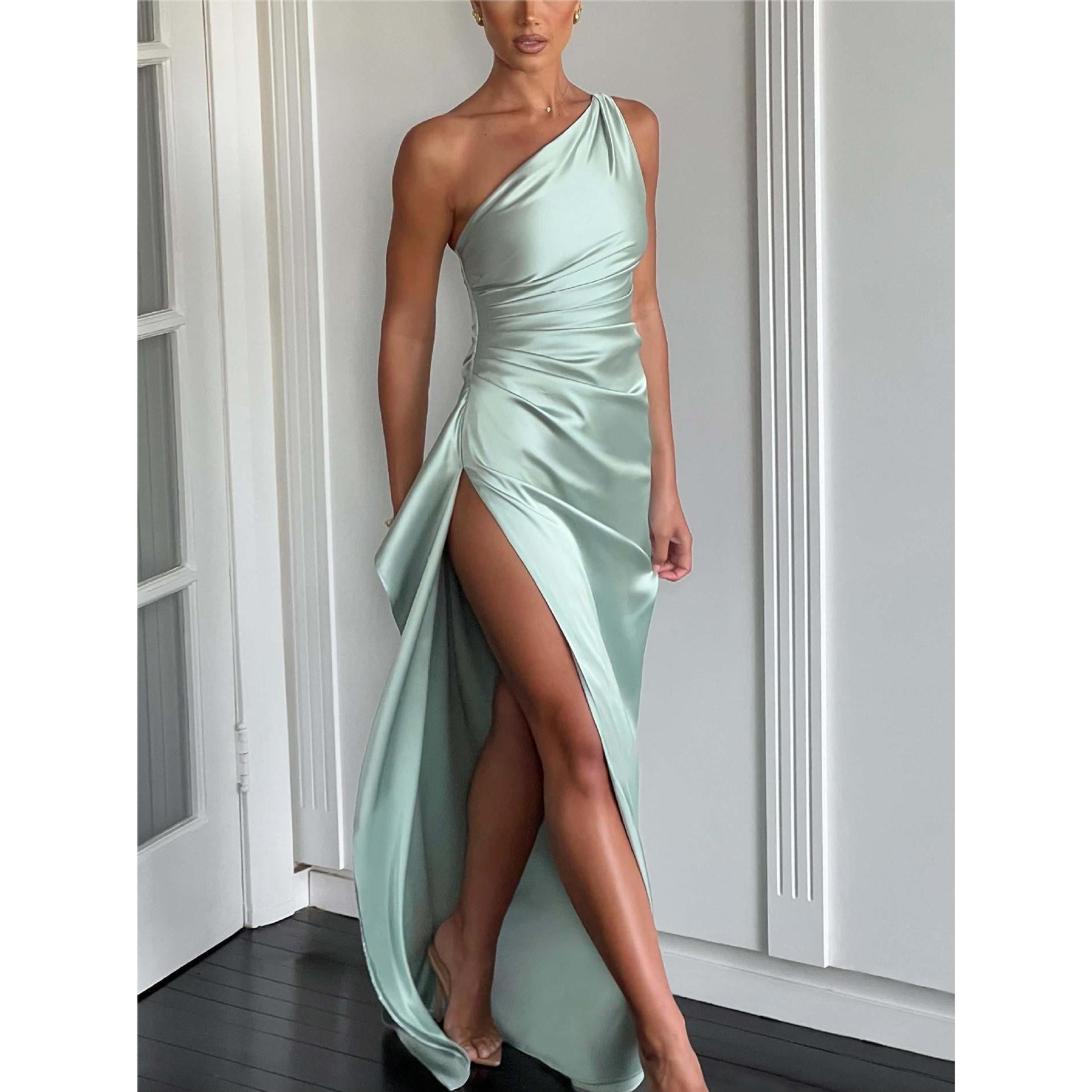 2025 European and American Amazon Summer New Design Sense Elegant Sexy Slim Fit Asymmetrical Shoulder Slit Satin Dress for Women