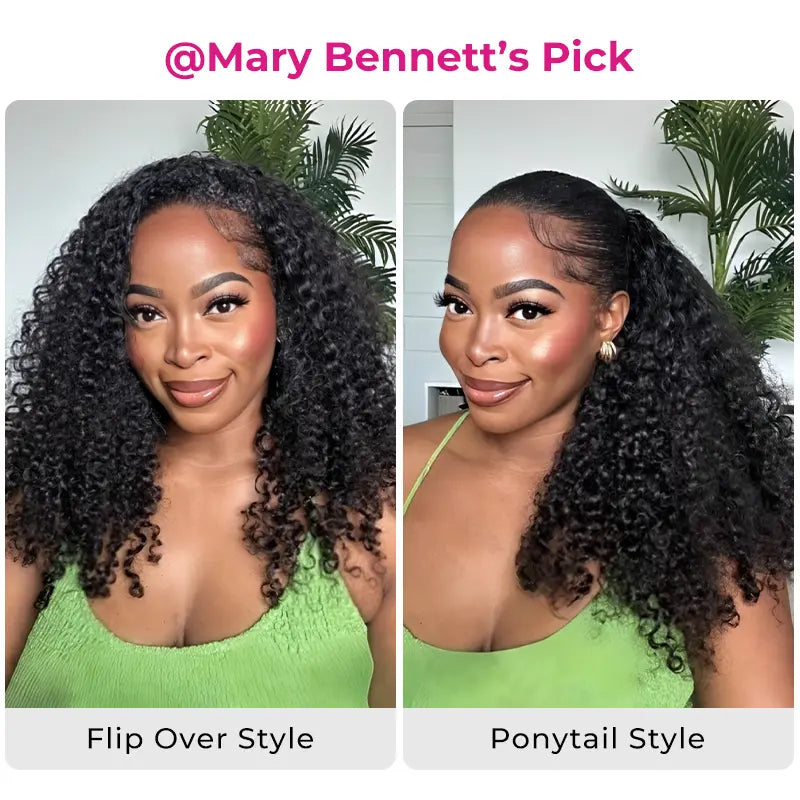 HAIR 250% Kinky Curly Wear Go Half Wig Invisible Hairline 150% & 180% Glueless Human Hair Wigs With Draw-strings No Lace Seamless Flip Over Wig Updo Down Style 10 Seconds Flip-over Wig Beginner-friendly#greenish#TikTokShopSpringGlowUp