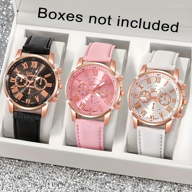 3PCs elegant roman numerals quartz watches-rose Golden case with black, pink, & white faux leather straps, date display-ideal gift set