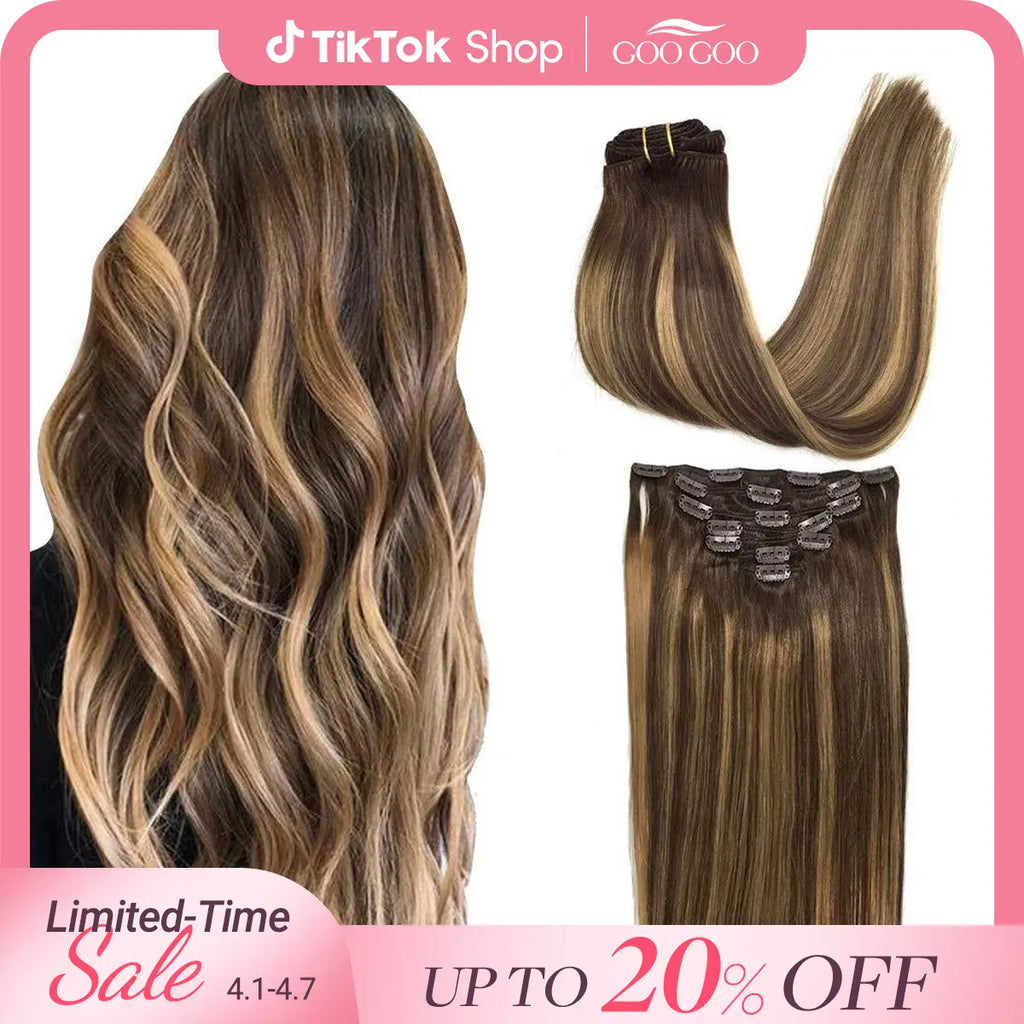 GOO GOO Hair Extensions Clip in Human Hair Natural Straight Remy Hair Easy To Style Soft Clip ins for Women